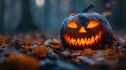Spooky Halloween Jack-o'-Lantern with a Menacing Grin Illuminated in a Dark, Leaf-Covered Forest During Twilight