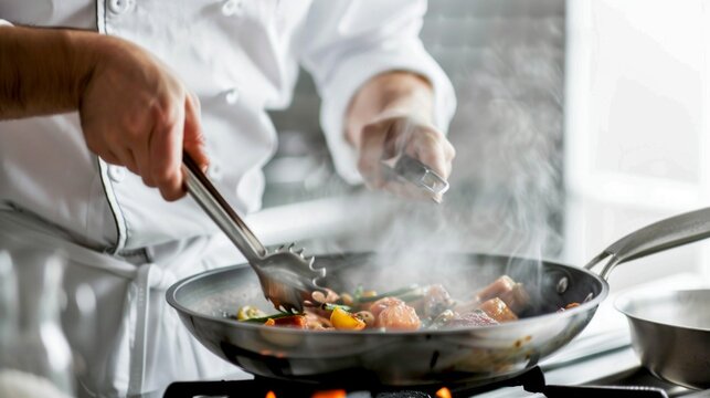 Professional chef cooking vegetables in a pan. Close-up culinary preparation with steam rising. High-quality stock photo perfect for culinary blogs, recipes, or restaurant marketing. AI