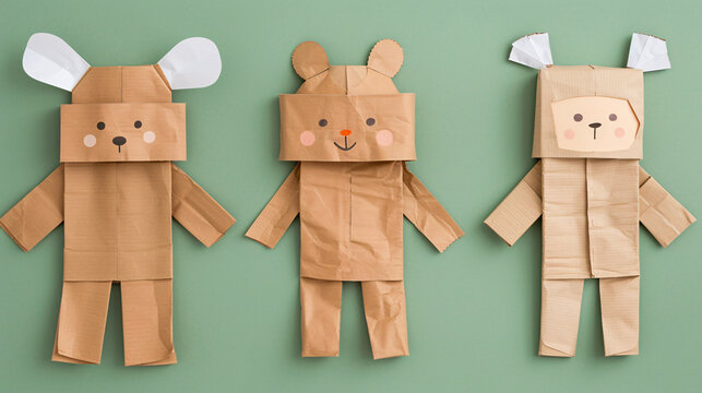 Three paper bag animal puppets on a vibrant green backdrop