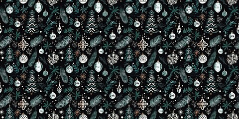 Elegant winter christmas greenery seamless border pattern with snow template element design. Festive rustic textile foliage pattern with tree, snowflakes texture banner ribbon trim background.