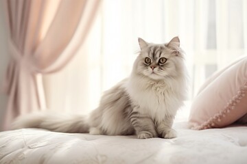 Adorable fluffy persian cat sitting on a bed