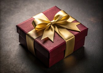 Obraz premium Rich Burgundy Gift Box with Gold Ribbon on a Dark Background with Soft Lighting