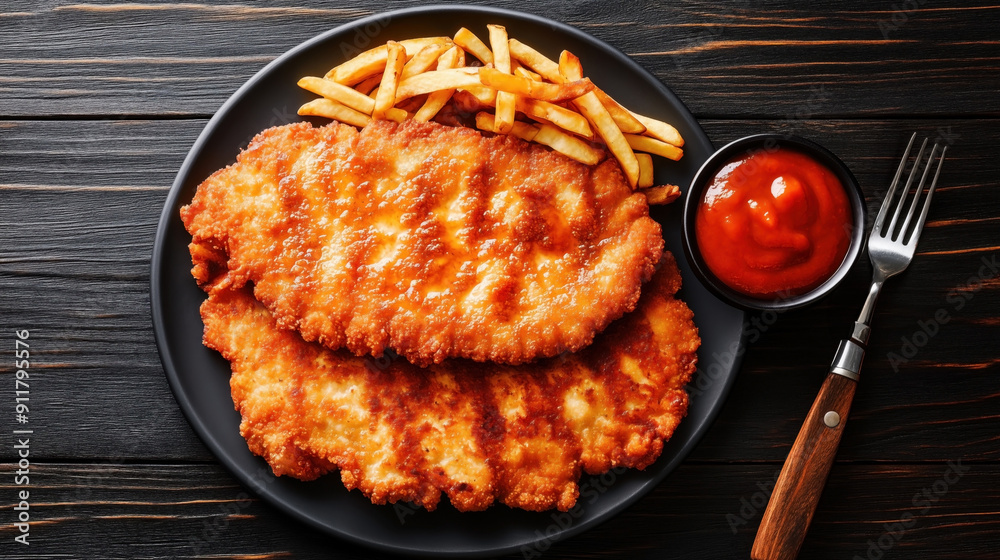 Poster traditional austrian food wiener schnitzel. breaded fried veal cutlets with french fries and tomato 