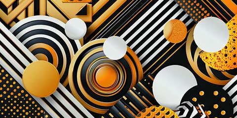 Obraz premium Abstract geometric pattern in black, white, and gold.