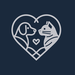 Minimalist vector design of a dog and a cat inside a heart, symbolizing love and the connection between pets.