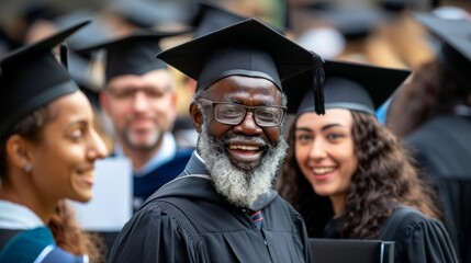 Fototapeta premium Joyful African American male graduate smiles broadly during outdoor graduation ceremony, surrounded by diverse classmates in caps and gowns, celebrating academic achievements.