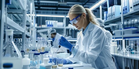 Focused female scientist in white lab coat works diligently with pipette, conducting experiments in modern laboratory, glassware and equipment neatly arranged in background.