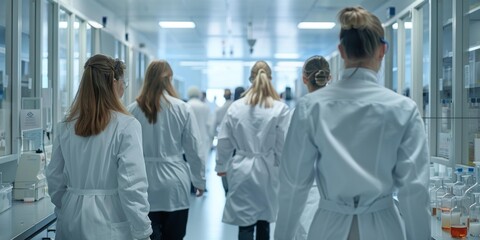 Innovative group of diverse female scientists in white lab coats walking through modern laboratory, engaged in research and collaboration, focused on advancing medical discoveries.