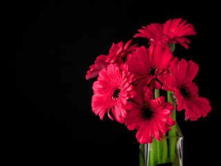 A vase of pink flowers sits on a wooden table. The flowers are in a tall, clear vase and are arranged in a way that makes them look like they are standing upright. Still life.