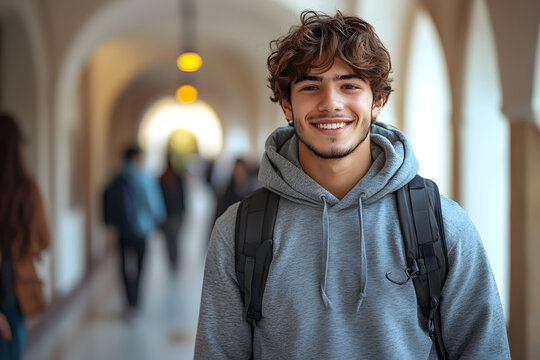 Smiling young male student with backpack, standing in a bright hallway with arched ceilings