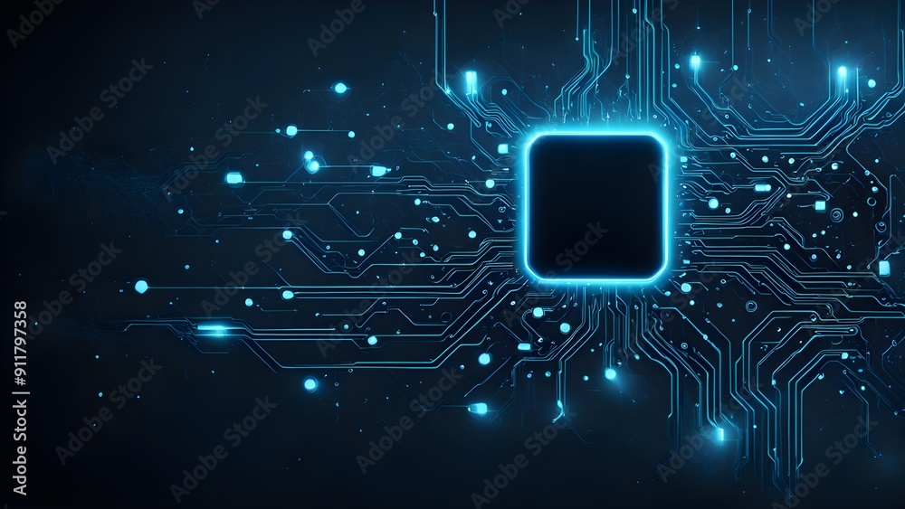 Fototapete Abstract digital network circuit board background banner with glowing light and connecting data dots in blue and black colors. Big data technology concept.
