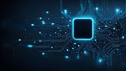 Abstract digital network circuit board background banner with glowing light and connecting data dots in blue and black colors. Big data technology concept.