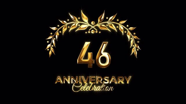 46th Anniversary Celebration. Happy 46 Years Anniversary Animation in Gold Color on the Transparent Background, Alpha Channel. Great for greetings, celebrations, events, and gifts.