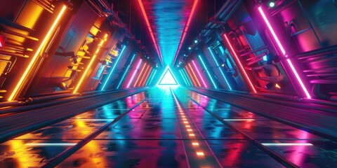 Fototapeta premium Neon lights illuminate a futuristic hallway.