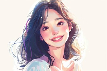 華やかな若い日本人女性のイラスト（若者・10代・20代・モデル・微笑み・背景なし・白背景）