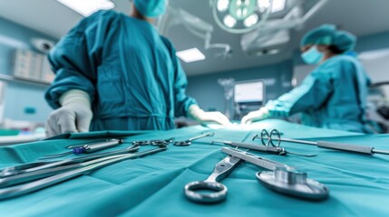 Surgical tools laid out on a sterile table. AI.