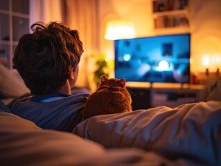 A person watches TV with a cat. AI.