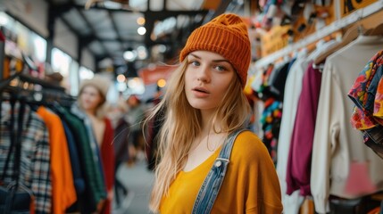 Obraz premium Young Woman Shopping for Clothes in a Store