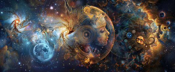 Fototapeta premium Astrological signs in space, abstract vintage Zodiac symbols and planets, stars and sky. Concept of astrology, horoscope, background