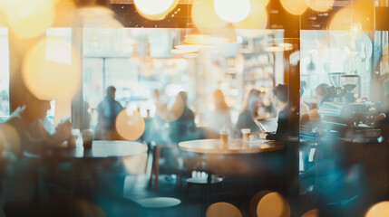 Abstract out-of-focus image of a busy coffee shop with warm lighting and people sitting at tables