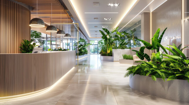 Modern interior of luxury clinic hall, clean marble floor in office or hospital, hallway with wood design and green plants. Concept of company, entrance.