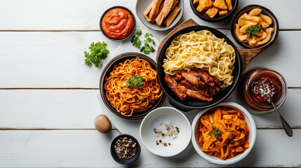 A variety of pasta dishes, including spaghetti with tomato sauce, pappardelle with grilled chicken, and other bowls of pasta, sauces, herbs, and seasonings.