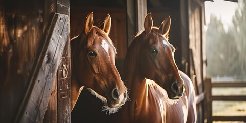 Obraz premium Sorrel Horses in Stable with Brown Horse