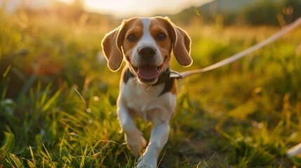 Cute beagle dog sprinting happily in green grass field picture