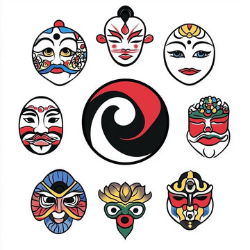 Tattoo that combines various symbols of Korean culture, such as the Taeguk (Yin-Yang) symbol, traditional Korean masks (Tal)