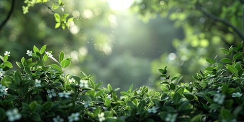 Fototapeta premium White flowers and green leaves in sunlight.