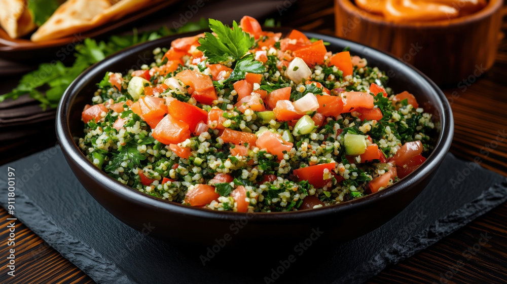 Sticker traditional lebanese food tabbouleh, a fresh and vibrant salad made with finely chopped parsley, tom