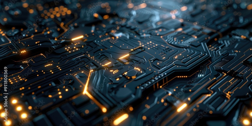 Poster a close-up view of a computer circuit board with various components and wires