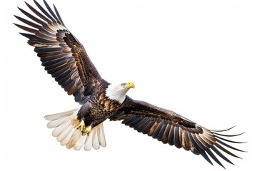 Obraz premium majestic bald eagle in flight against stark white background wings fully extended intricate feather detail patriotic symbolism