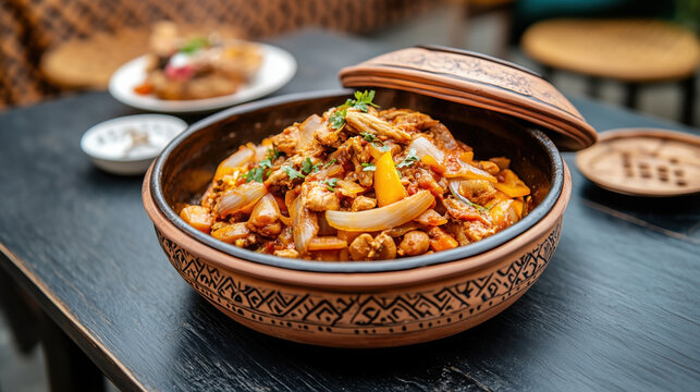 Traditional Uzbek food Dimlama served in a clay pot with meat, bell peppers, onions, tomatoes, and fresh herbs.