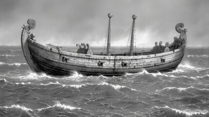 Amid turbulent waves, Noah's Ark floats valiantly as creatures within wait for the flood to recede, embodying hope amidst adversity in a biblical tale.