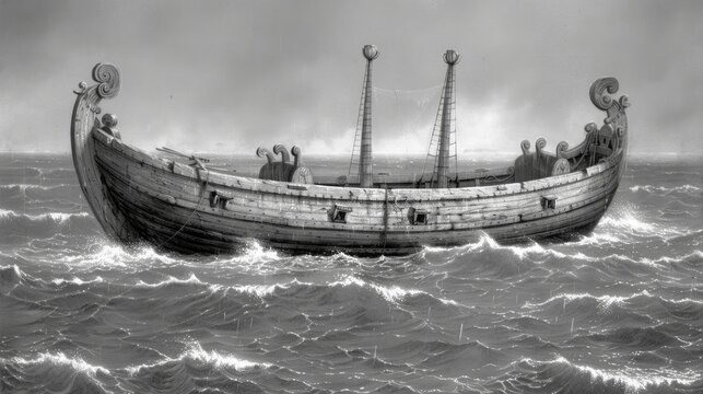 Amid turbulent waves, Noah's Ark floats valiantly as creatures within wait for the flood to recede, embodying hope amidst adversity in a biblical tale.