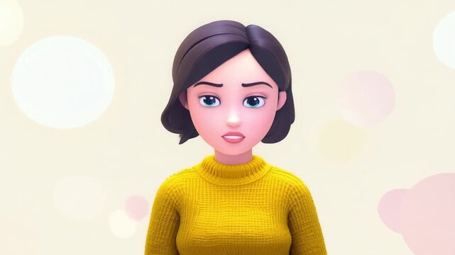 3D Animation of Serious Animated Character Woman with Yellow Sweater - White Background
