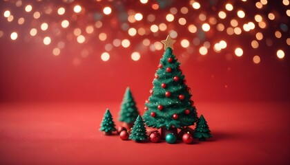 Obraz premium Magical Holiday Scene: A Miniature Christmas Tree with Ornaments and Star Topper Against a Vibrant Red Background with Bokeh Light Effects
