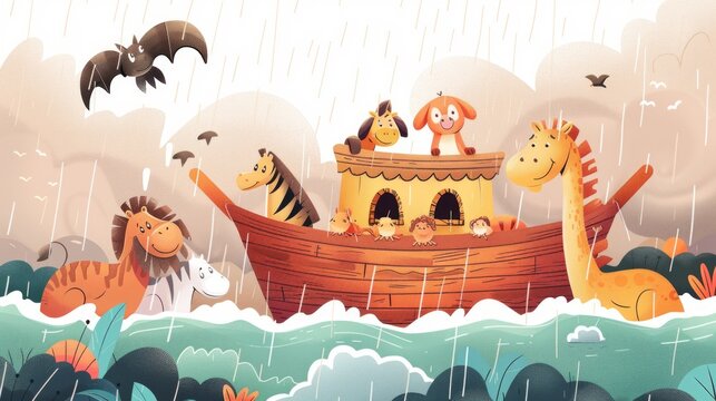 colorful depiction of Noah's Ark amidst heavy rain, showcasing various animals aboard, unified in their escape from the flooding waters.