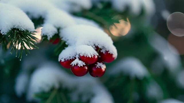 Red Berries on Snow-Covered Branches -  winter, nature, cold, season, festive
