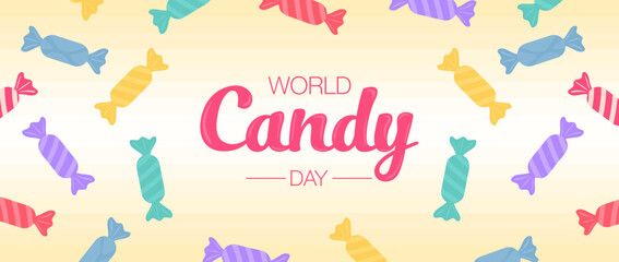 World Candy Day. October 18. Various delicious candies in different color for poster, greeting card, flyer and banner. Sweet candy collection for national celebration. Colored flat vector illustration