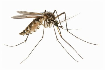 menacing closeup of mosquito in flight hyperdetailed wings and proboscis dramatic lighting emphasizes danger stark white background for scientific clarity