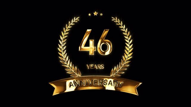 46th Anniversary Celebration. Happy 46 Years Anniversary Animation in Gold Color on the Transparent Background, Alpha Channel. Great for greetings, celebrations, events, and gifts.