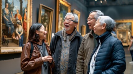 Four adults chat joyfully in a museum, surrounded by beautiful artwork and framed paintings