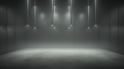 Empty Futuristic Room with Suspended Light Fixtures and Modern Minimalist Design featuring a Grey Color Palette and Atmospheric Lighting Perfect for Design Projects and Contemporary Settings
