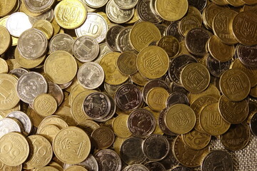 Collection of Modern Ukrainian Coins Displayed on a Surface for Currency Evaluation and Collection