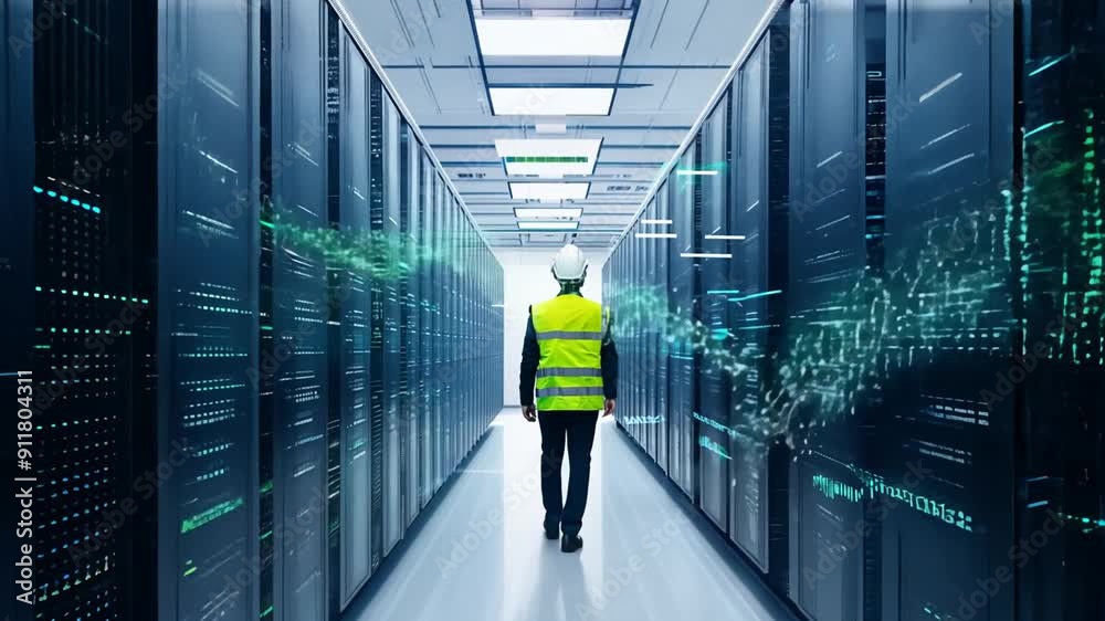Poster it engineer walking through data center with information flow generative ai