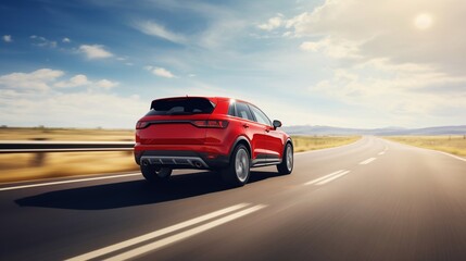 Red modern SUV riding desert highway. Generative ai