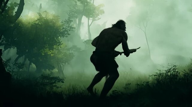 Caveman Hunting in Prehistoric Forest With Stone-Tipped Spear Generative AI