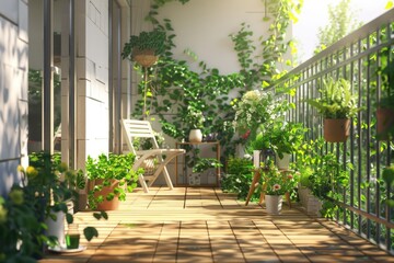 A cozy balcony filled with many potted plants, ideal for a peaceful outdoor space